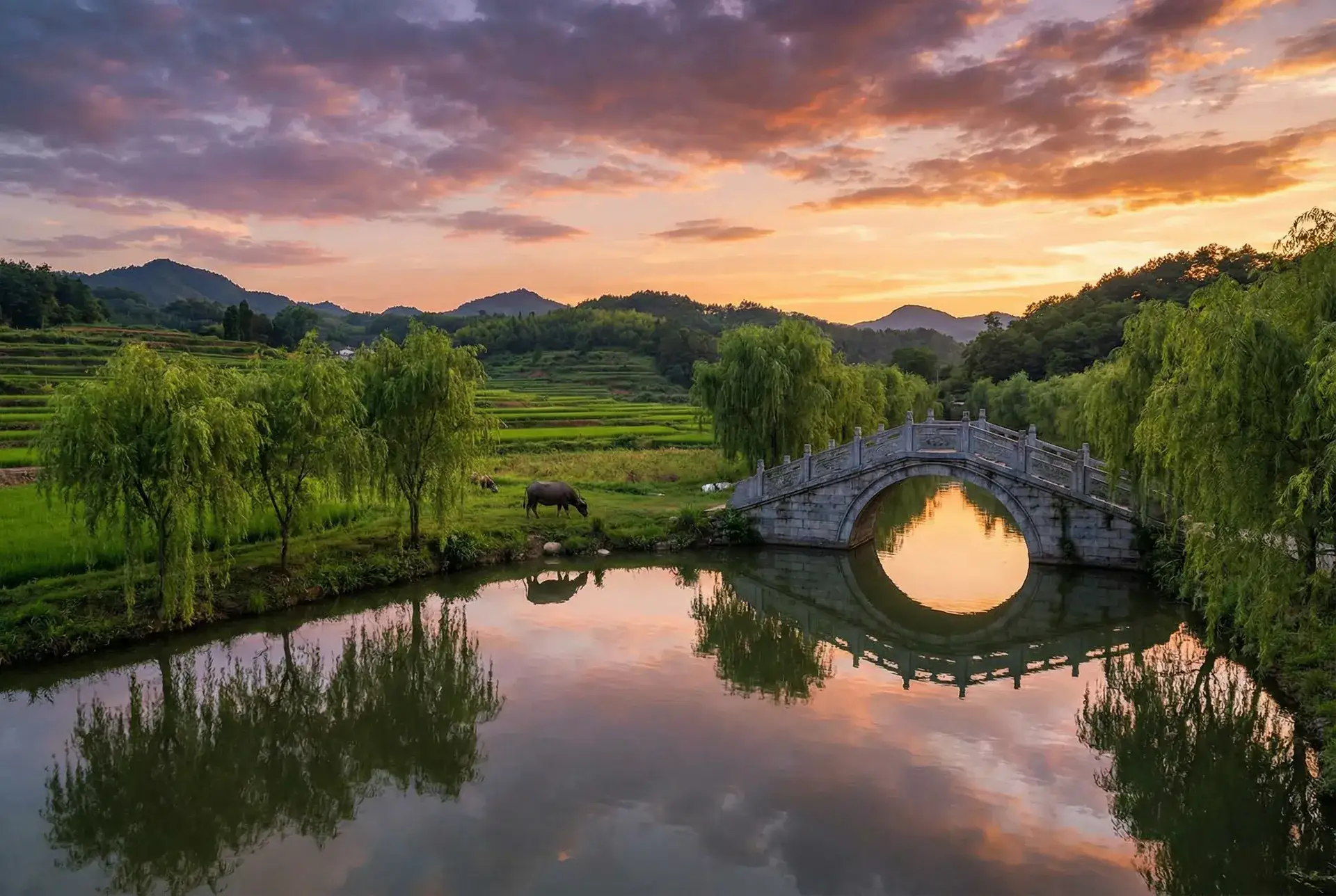 夕阳下的石拱桥与垂柳，水牛在河边吃草 - 磁力天堂在线 乡村美景